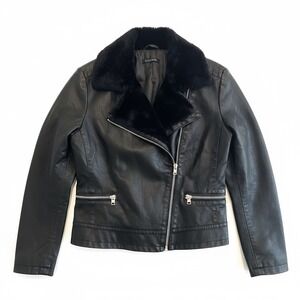 Baccini Black Faux Fur Collar Moto Jacket Women's Size M